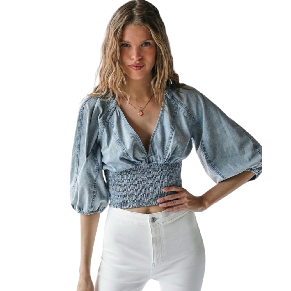 Denim 70's Balloon Sleeve Seamed Cropped Smocked Summer Boho Top 2X‎ Girl Soul - Picture 8 of 8